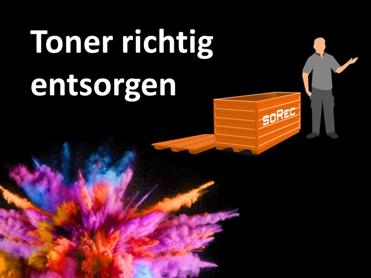 Schwarzer Hintergrund. Unten Rechts ist eine farbenfrohe Staubexplosion zu sehen in orange, blau, violett und rot. Oben rechts ist eine Illustration mit einem Mann und einer orangen soRec-Doppelbox zu sehen, die für die Sammlung von leeren Tonern geeignet ist. Als Überschrift in weisser Schrift wurde „Toner richtig entsorgen“ gewählt.